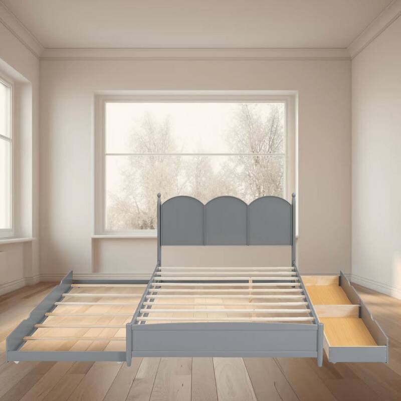 Queen Size Platform Bed with 2 Spacious Drawers and Twin XL Trundle, Ideal for Small Spaces, Maximizing Comfort and Storage