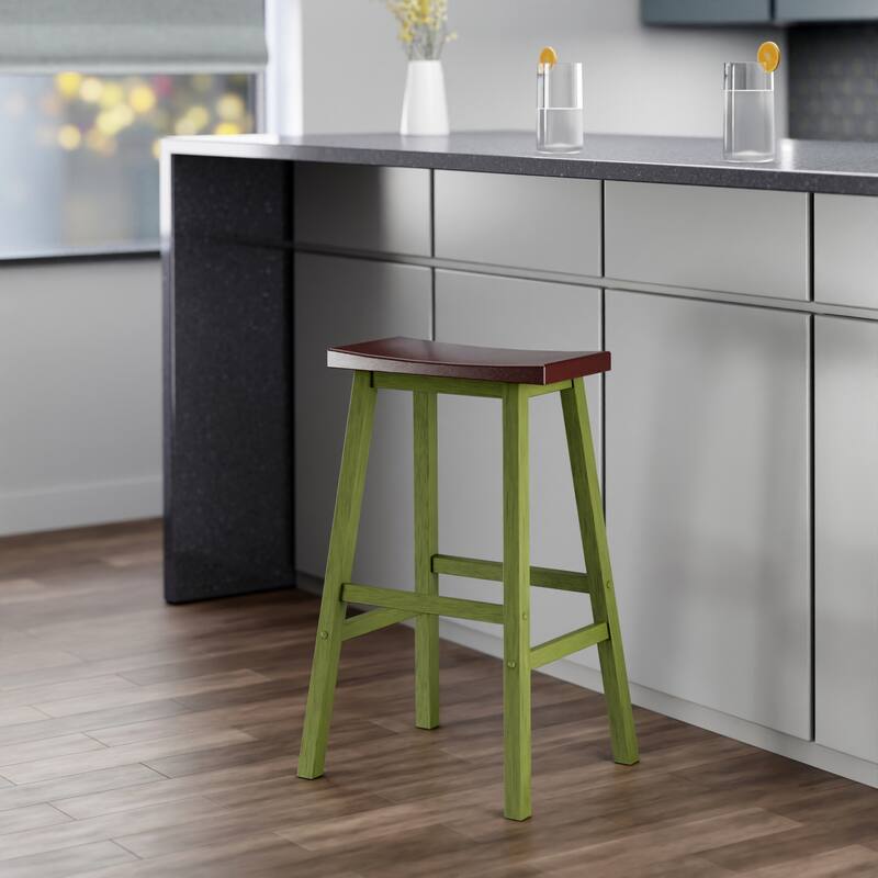 Satori Saddle Seat 29" Counter Stool, Rustic Green and Walnut - N/A