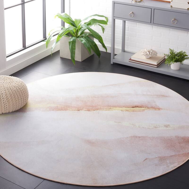 SAFAVIEH Tacoma Machine Washable Slip Resistant Winnifred Modern Abstract - 8' x 8' Round - Beige/Gold