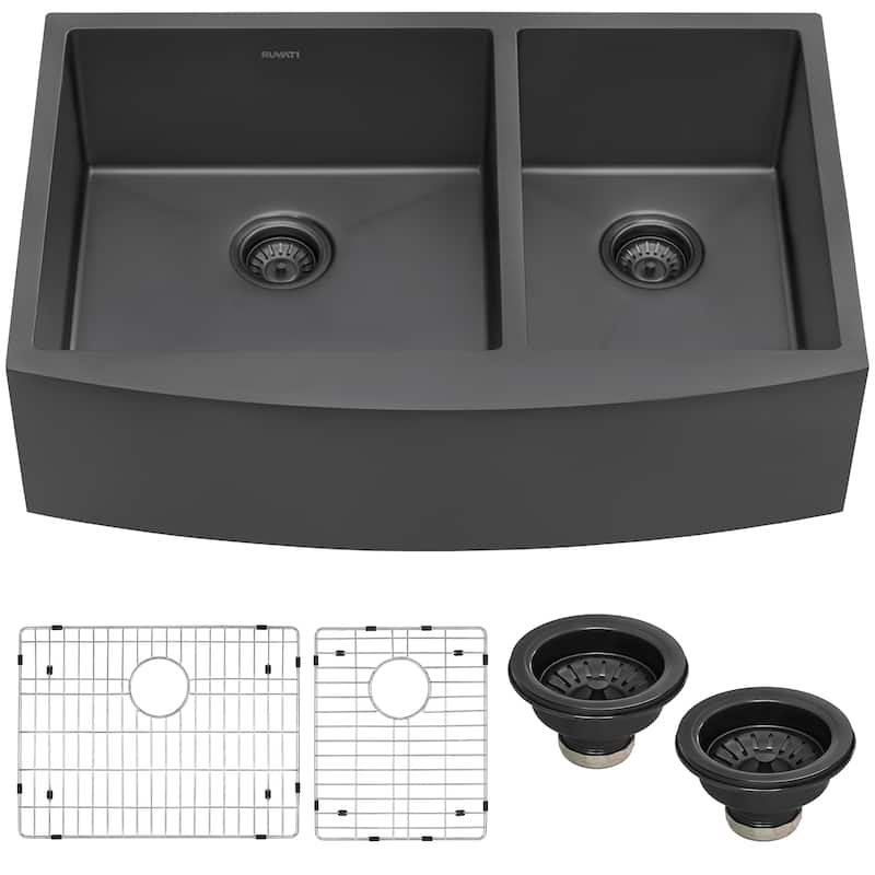 Ruvati 33-inch Gunmetal Black Stainless Steel 60/40 Double Bowl Apron-Front Farmhouse Kitchen Sink -