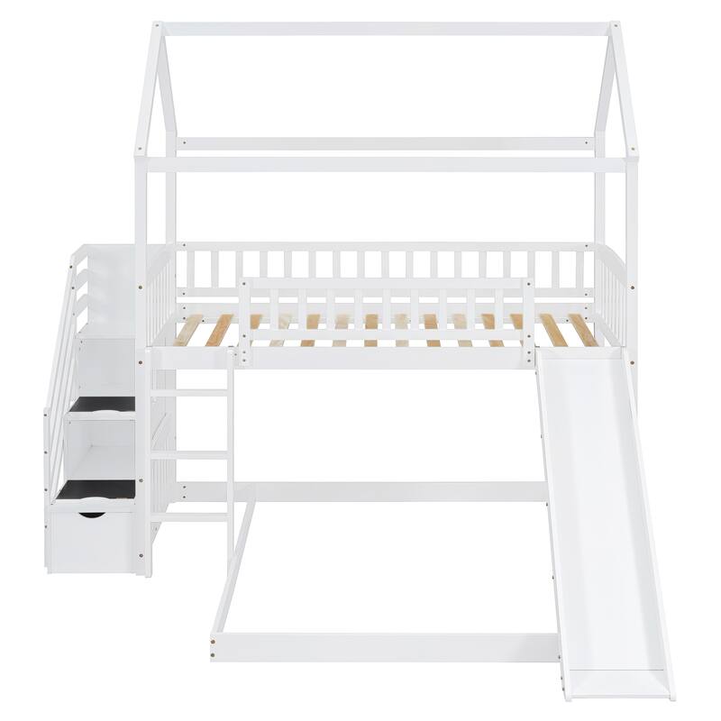 Twin Over Full Bunk Bed with Slide and Storage, White/Gray, Space-Saving Design