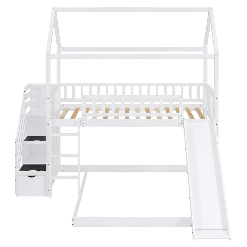 Twin over Twin Size Pine Wood Bunk Bed with Two Drawers and Slide for Kids