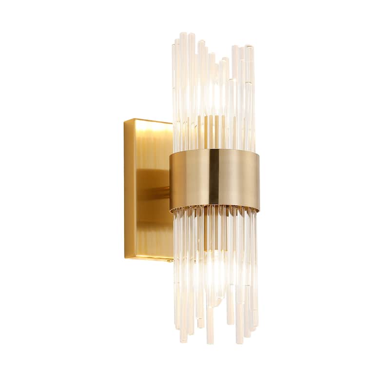 2-Light Modern Brass Wall Sconce with Clear Ribbed Glass Shade