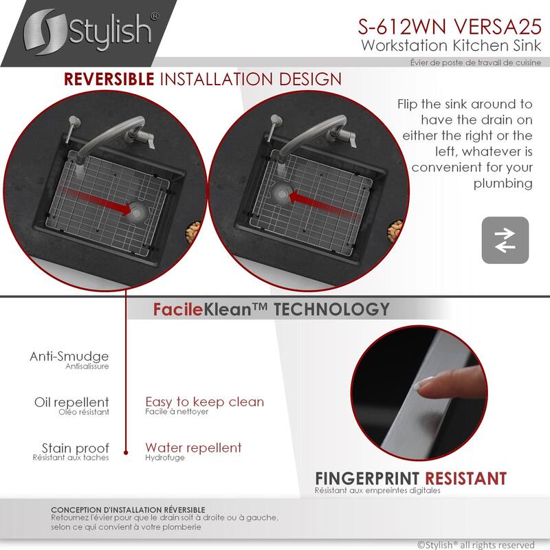 STYLISH 25 inches Workstation Single Bowl Undermount 16 Gauge Stainless Steel Kitchen Sink with Built in Accessories Handmade