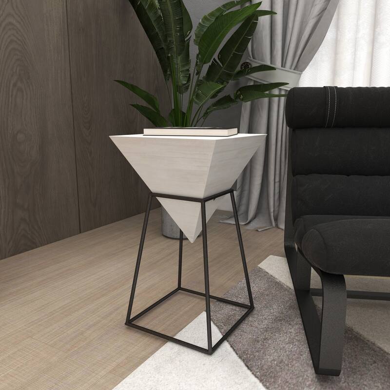 Minimalist Wood Inverted Pyramid Geometric Accent Table with Metal Stand - White or Black