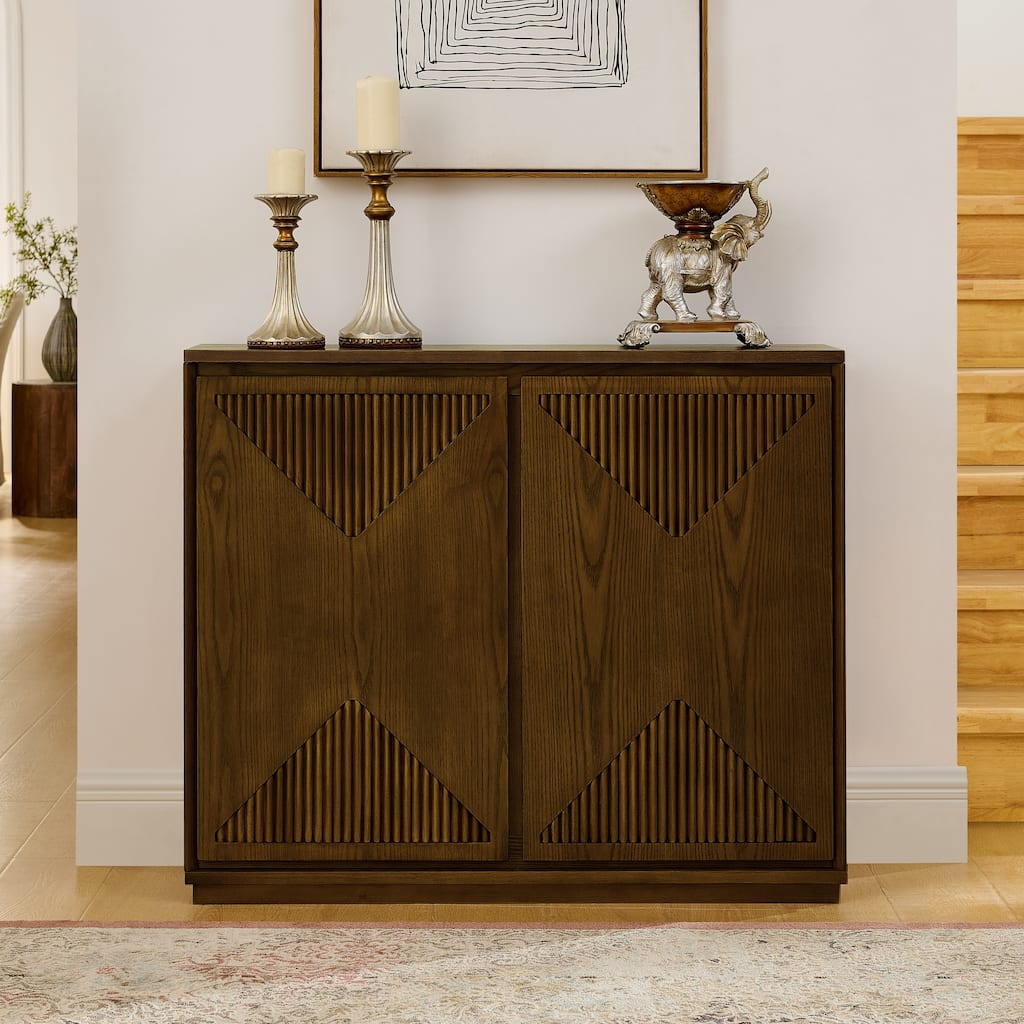 Brown V-Shaped Fluted Sideboard Storage Cabinet with Shelves, Buffet Cabinet Dining Cabinet Cupboard Entry Cabinet