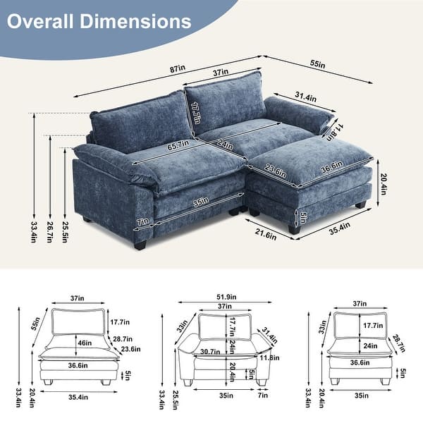 dimension image slide 1 of 2, Full KD Double Cushion Chenille Sofa with Ottoman