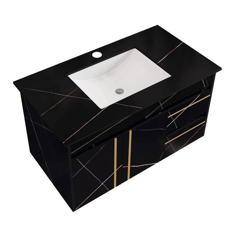 GDFStudio - Luxury 35.4" Floating Wall-Mounted Sintered Stone Bathroom Vanity with Ceramic Sink & Soft-Close Drawers - 35.5"