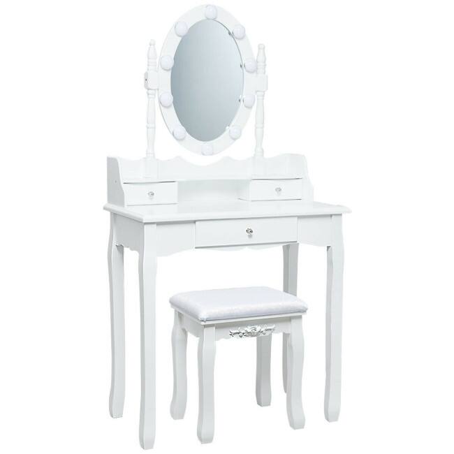 Oval Mirror Vanity Set with 10 LED Dimmable Bulbs and 3 Drawers - 29.5" x 16" x 56.5" (L x W x H)