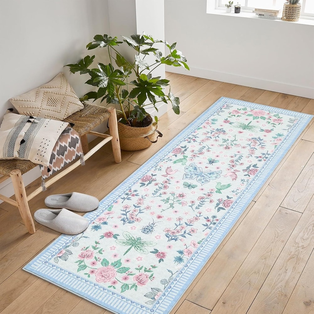 Modern Floral Machine Washable Indoor Waterproof Area Rug for Bedroom, Living Room, Blue - 2' x 3'