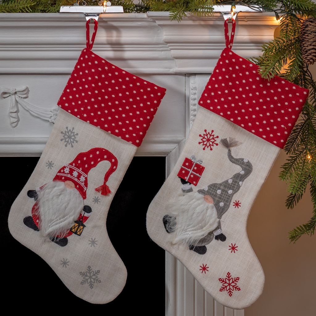 Set of 2 Fabric Christmas Gnome Design Stockings at 20 Inches Long