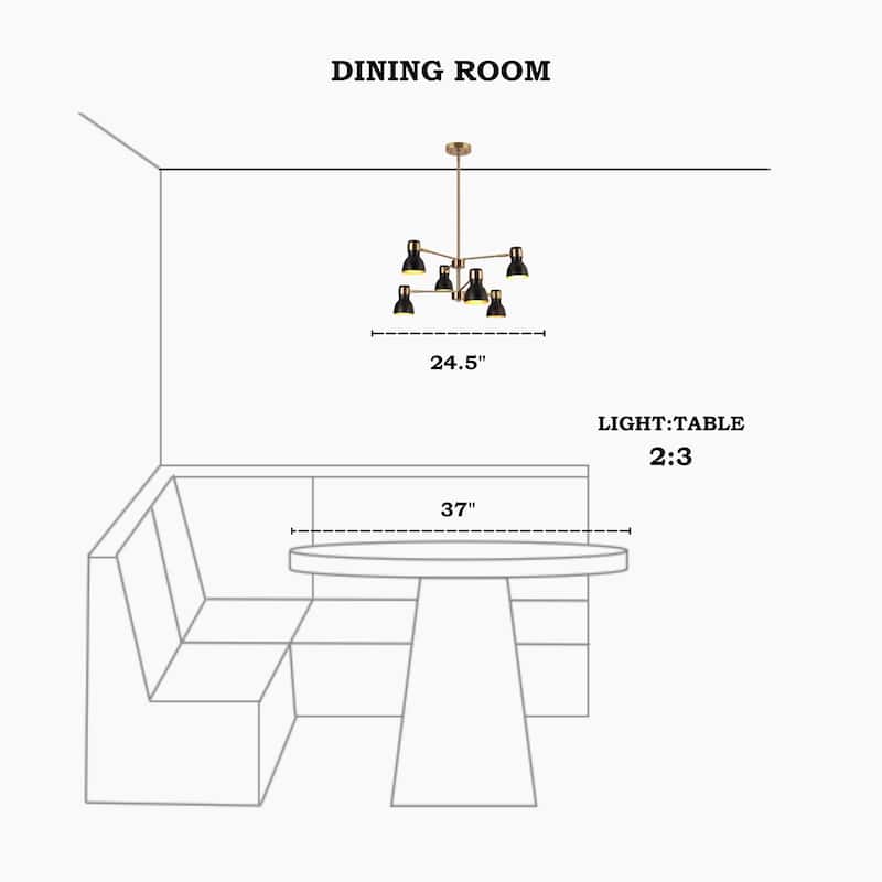 Modern 6-Light Black Gold Chandelier Industrial Metal Pendant Lights for Dining Room - 24.5" D x 12" H