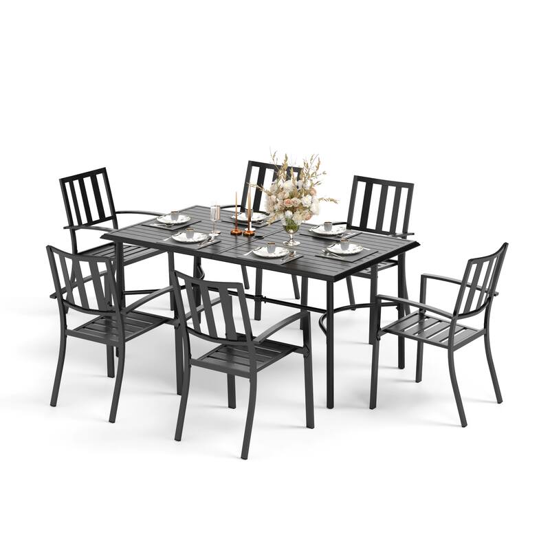 MAISON ARTS 7-Piece Metal Patio Dining Set With 1 Rectangular Table & 6 Stackable Dining Chairs