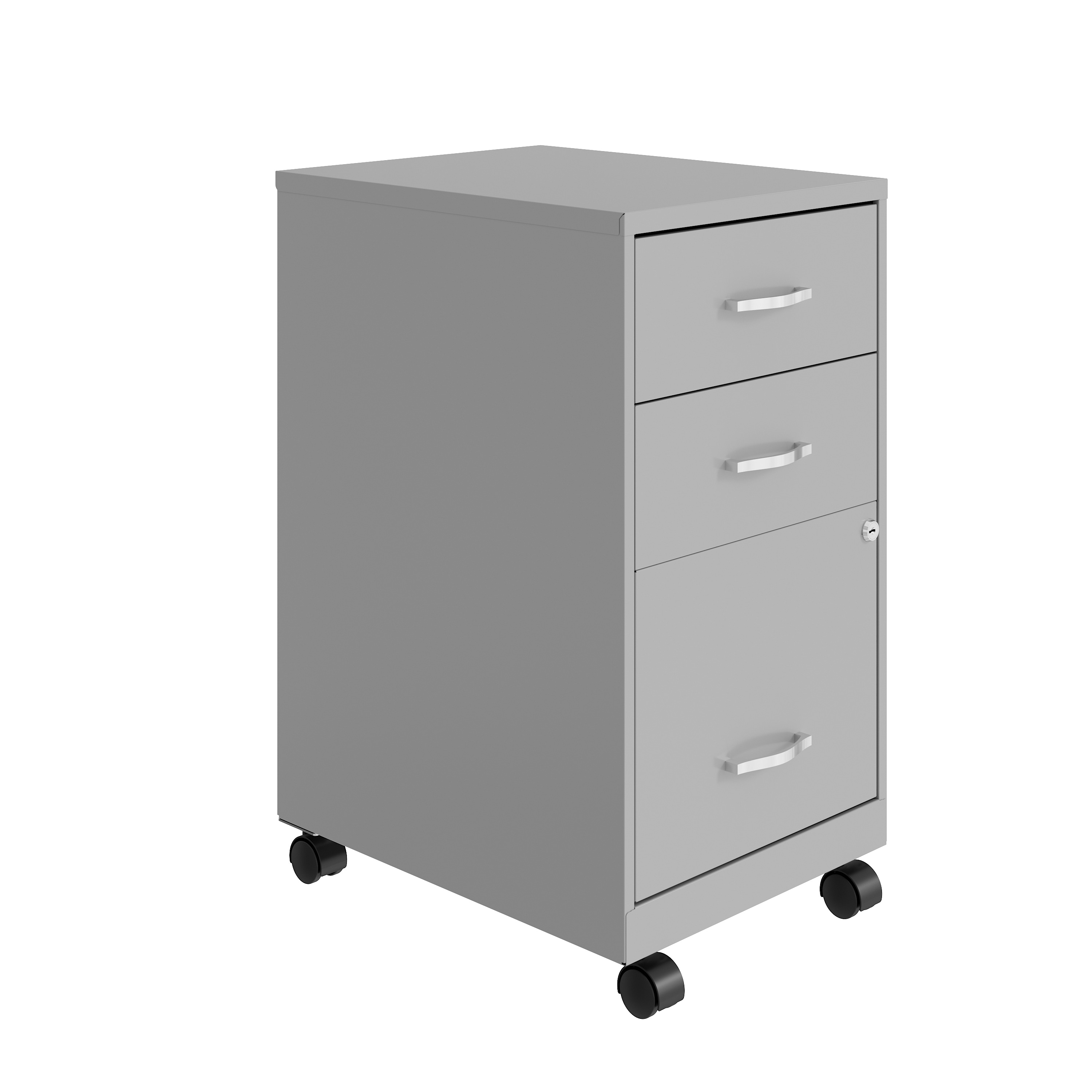 A gray office mobile filing cabinet with four drawers and caster wheels.