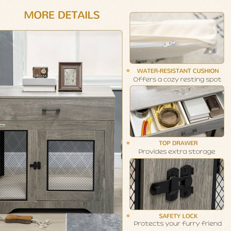 PawHut Dog Crate Furniture with Soft Water-Resistant Cushion, Dog Crate End Table with Drawer - Grey