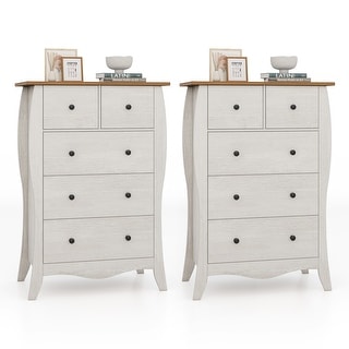 Gymax 2PCS 38'' Farmhouse Chest of Drawers w/ 5 Folding Fabric Drawers