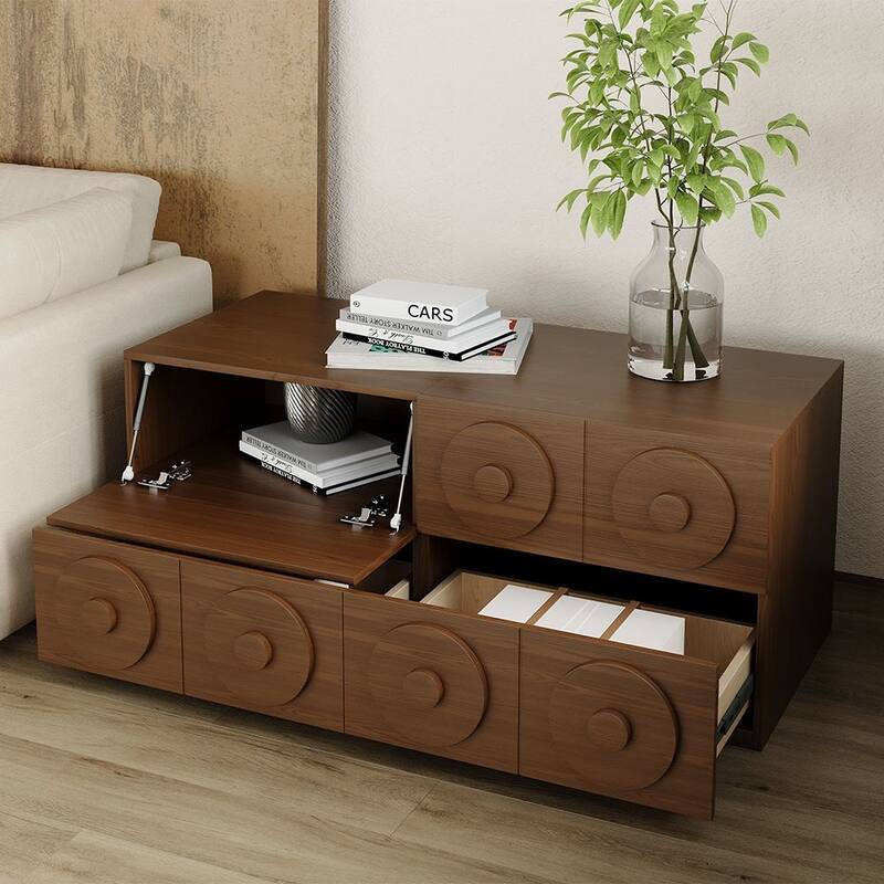 Modern 1-4 Pieces Modular Walnut Color Cabinets,TV Stands with Brown Solid Wood Veneer, Drawers & Caninets