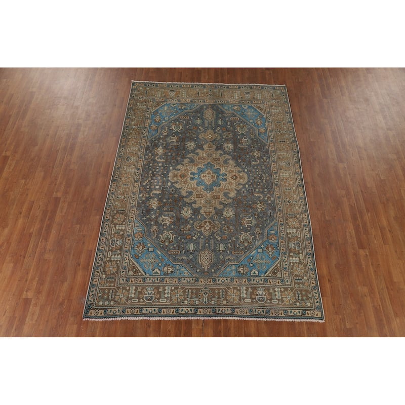 Blue Geometric Tabriz Vintage Persian Rug Hand-Knotted Wool Carpet - 6'5" x 9'4"