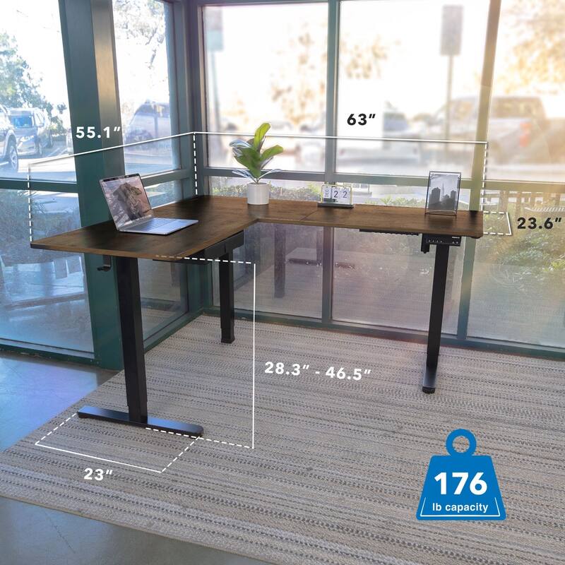 Mount-It! 63"W Electric L-Shaped Corner Adjustable Standing Desk, Rustic Brown/Black (MI-15010)