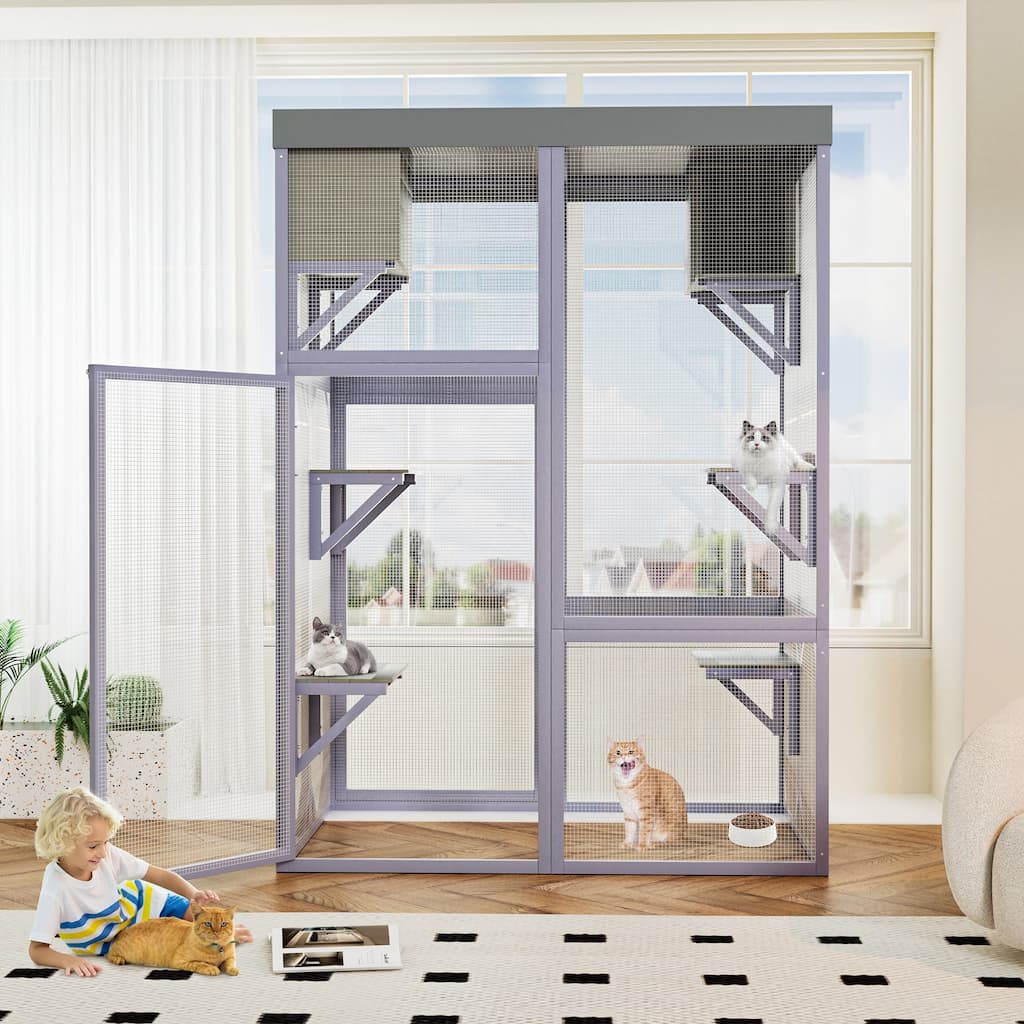 Catio Outdoor Cat Enclosure, Large Wooden at Playpen House Patio, Cat Cage Playpen with 4 Platforms & 2 Napping Houses