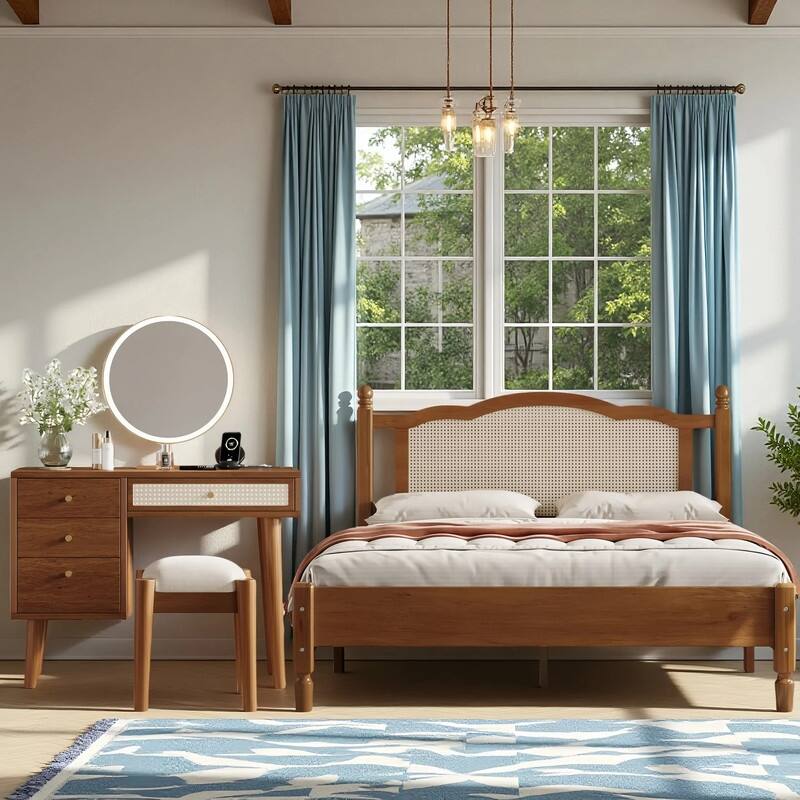 2-Pieces Bedroom Sets,Queen Size Wooden Platform Bed with Natural Rattan Headboard,and Wooden Makeup Vanity Set - Full