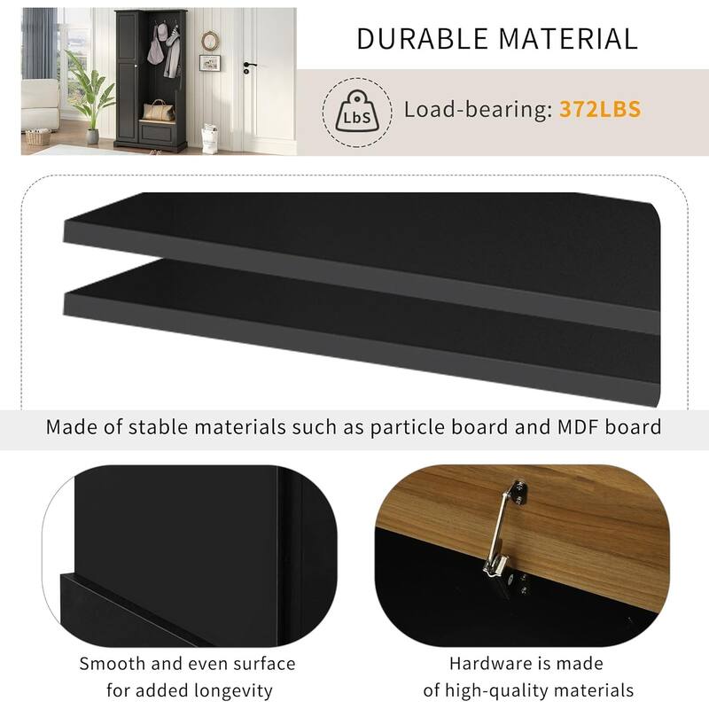 Multifunctional Hall Tree With 3 Hooks Flip-Up Bench Adjustable Shelves Entryway Coat Hanger