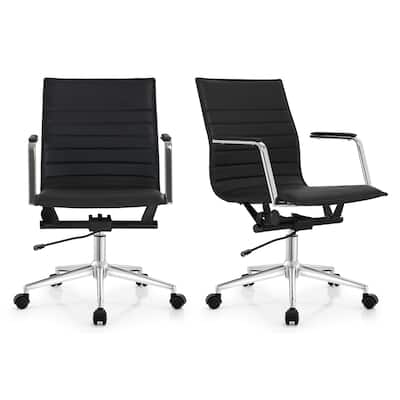 Set of 2 Modern Office Chairs | Upholstered PU Leather Ribbed Mid Back with Metal Frame | Adjustable Height, Tilt Lock
