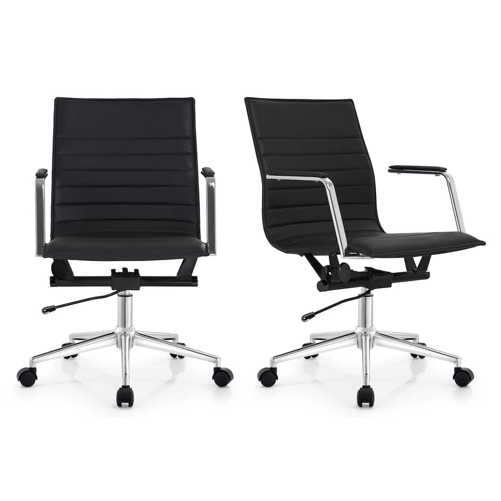 Set of 2 Modern Office Chairs | Upholstered PU Leather Ribbed Mid Back with Metal Frame | Adjustable Height, Tilt Lock