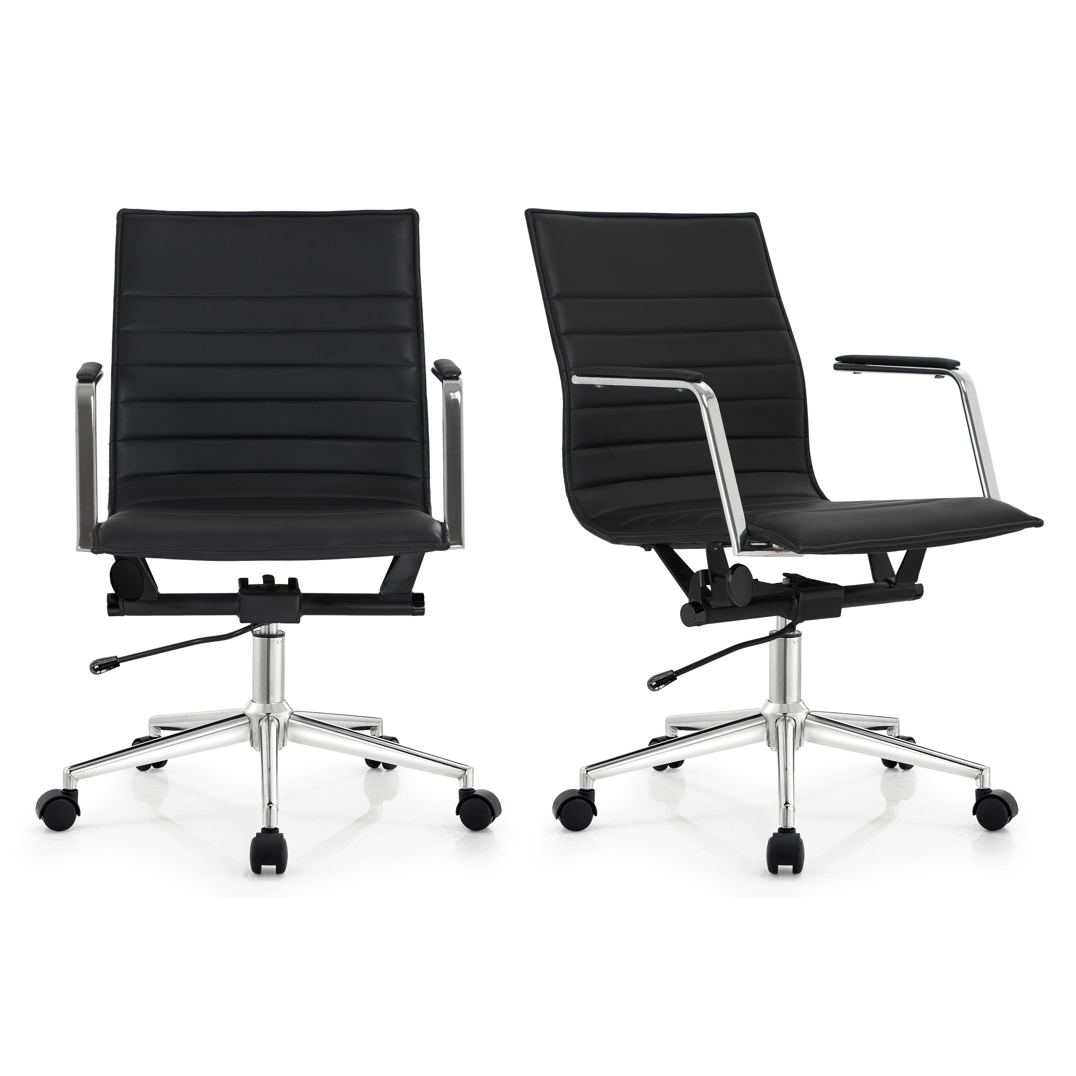 Set of 2 Modern Office Chairs | Upholstered PU Leather Ribbed Mid Back with Metal Frame | Adjustable Height, Tilt Lock