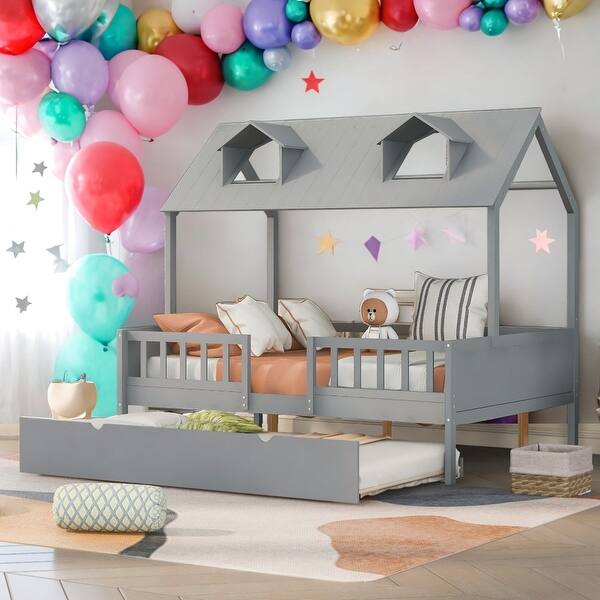 slide 2 of 18, Full Size House Bed Wood Bed With Twin Size Trundle Grey