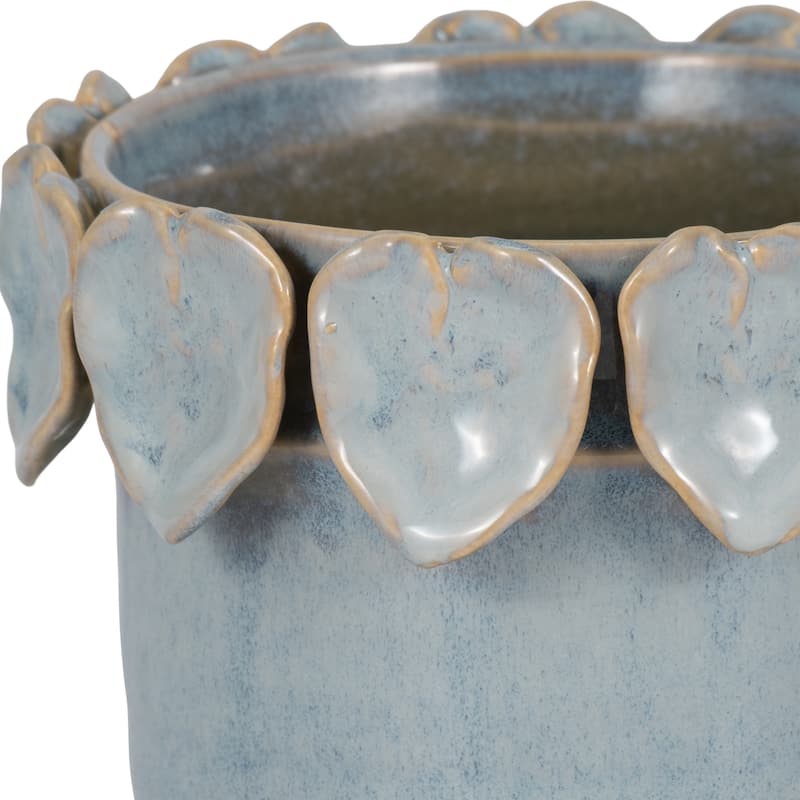 Stoneware Ceramic Planter Handcrafted Sculpted Leaf Embellishments