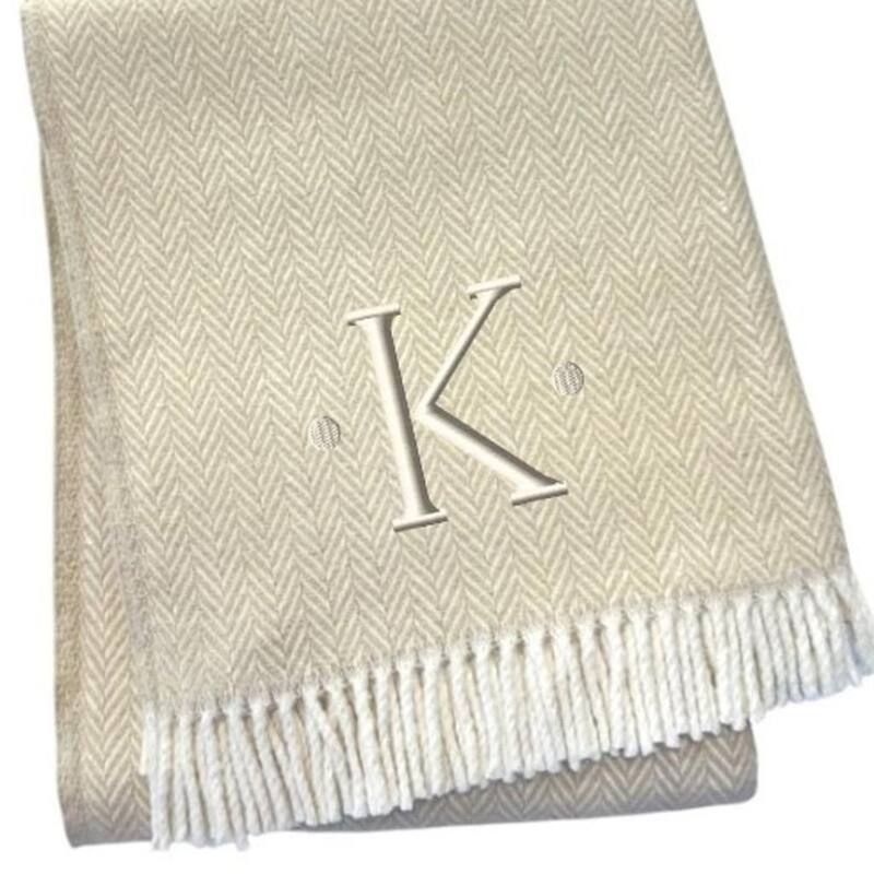 HomeRoots 55" X 70" Linen And White Herringbone Cotton Blend K Initial Throw Blanket with Tassels And Embroidery