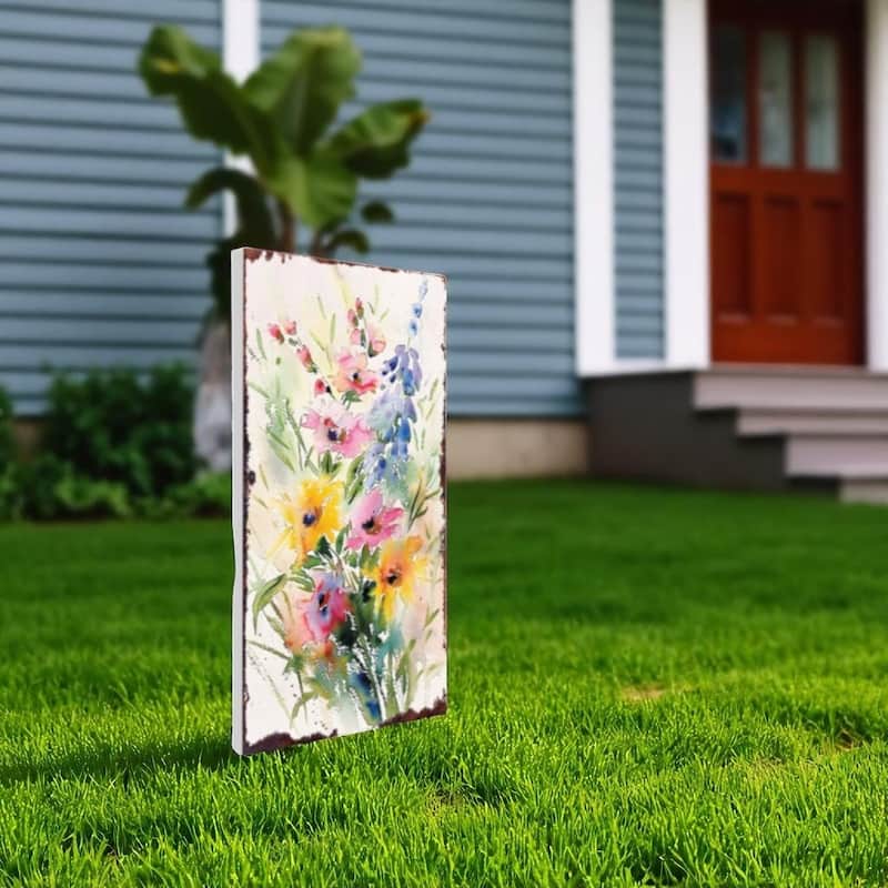 HomeRoots 30" Blue Pink White And Yellow Solid Wood Wildflowers Garden Stake - White/Blue/Pink - Wood