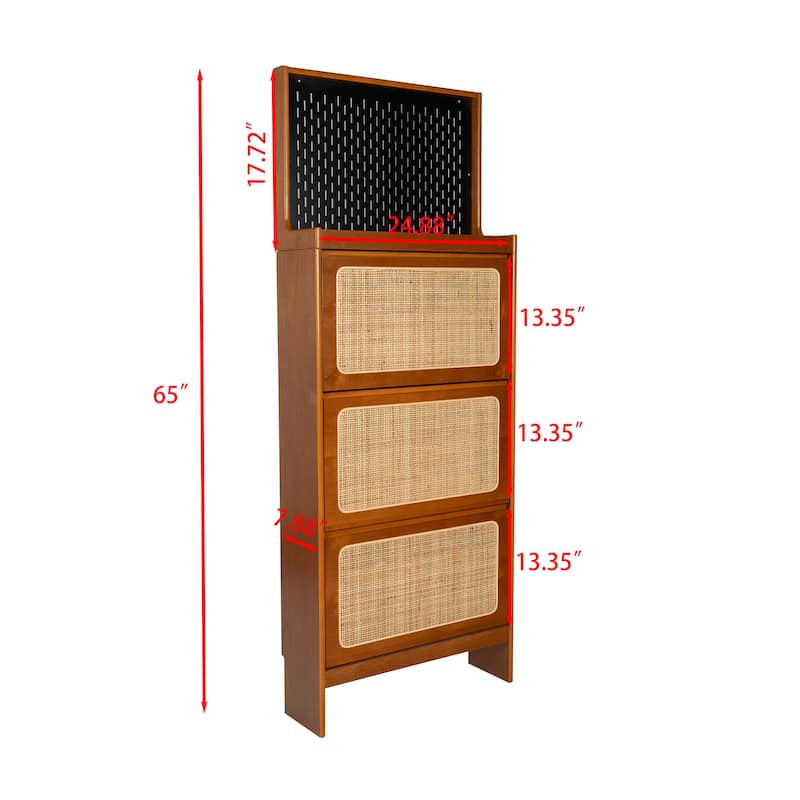 Roomfitters Rattan Shoe Cabinet with 3 Flip Drawers, Entryway Shoe Storage & Pegboard Organizer, Walnut