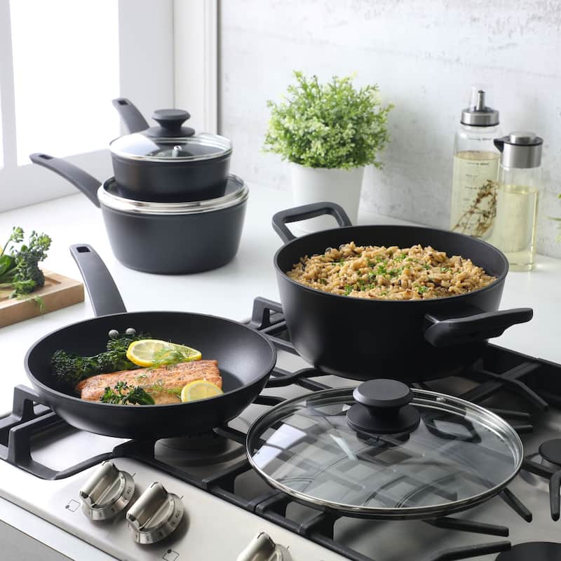 Oster Connelly 7 Piece Aluminum Premium Nonstick Pots and Pans Cookware Set W/ Induction & BakelteStay Cool Handle - Black