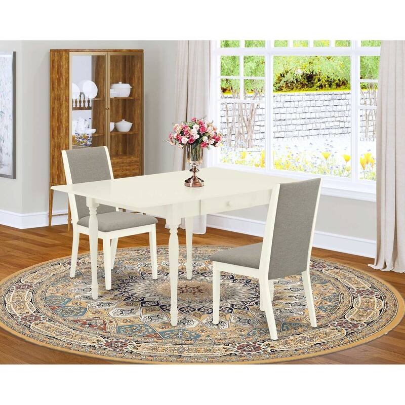 HomeStock 3-Pc Linen White Finish Rectangular Solid Wood Top With Dropleaf Dining Table Set