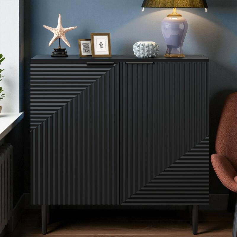 Modern Minimalist Side Cabinet with Adjustable Shelves, Geometric Door Design & Metal Legs for Living Room or Office - Black