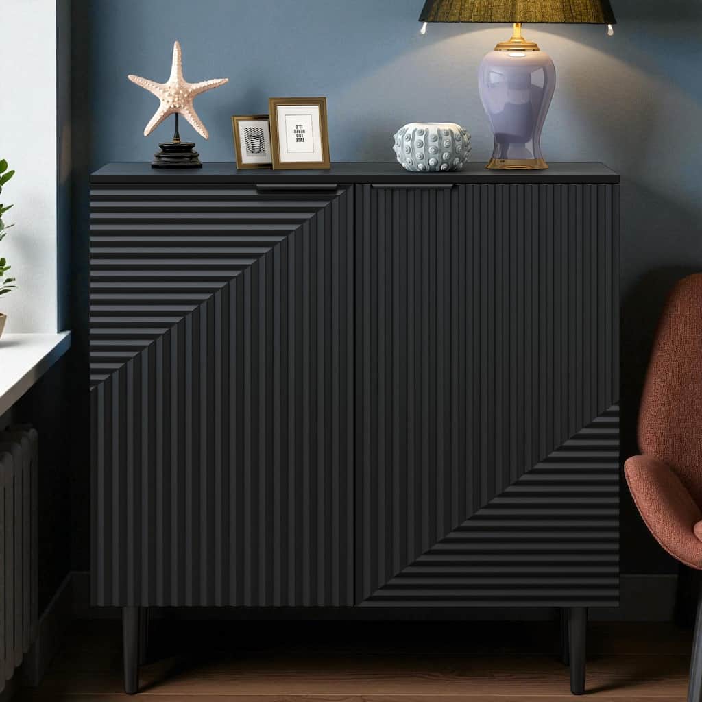 Modern Minimalist Side Cabinet with Adjustable Shelves, Geometric Door Design & Metal Legs for Living Room or Office