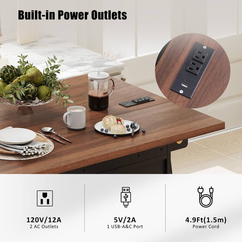 Roomfitters 46.5" Rolling Kitchen Island with Drop Leaf, Mobile Cart with 2 AC Outlets & USB, Beaded Drape & 3 Drawers