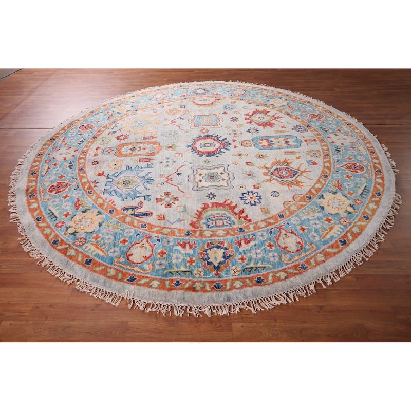 Oushak Indian Round Rug Hand-Knotted Wool Carpet - 8'10"x 9'1"