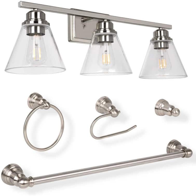 3-Light Vanity Light with Brushed Nickel Finish and Bath Set (5-Piece)