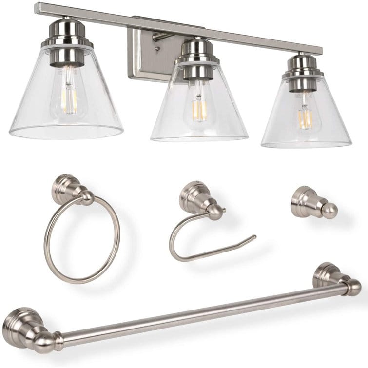 3-Light Vanity Light with Brushed Nickel Finish and Bath Set (5-Piece)