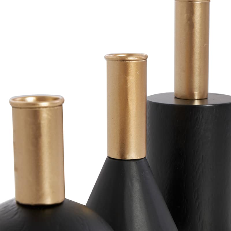 Wood Geometric Candle Holder with Varying Shapes and Gold Accents - Set of 3 Black - Roche River Decor - 3"W x 3"L x 7"H