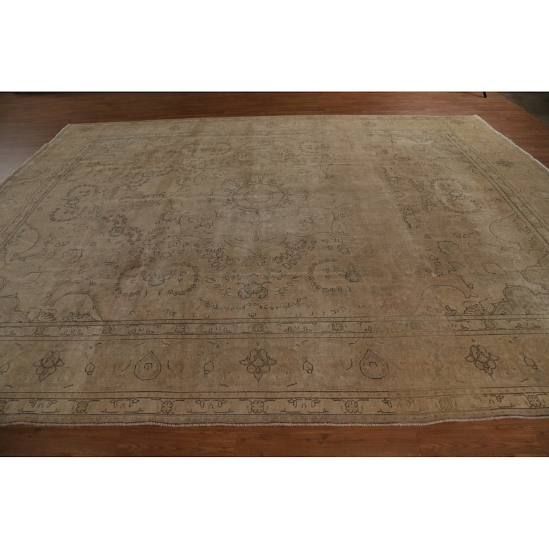 Tabriz Persian Vintage Rug Hand-Knotted Bedroom Beige Wool Carpet - 9'11" x 13'1"