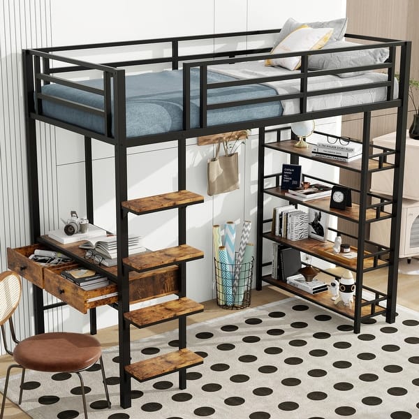slide 2 of 11, Twin Size Bed Frame with Built-in Wood Desk, Shelves and Storage Drawer, Metal Loft Bed with Safety Guardrail & Ladder Black - Twin