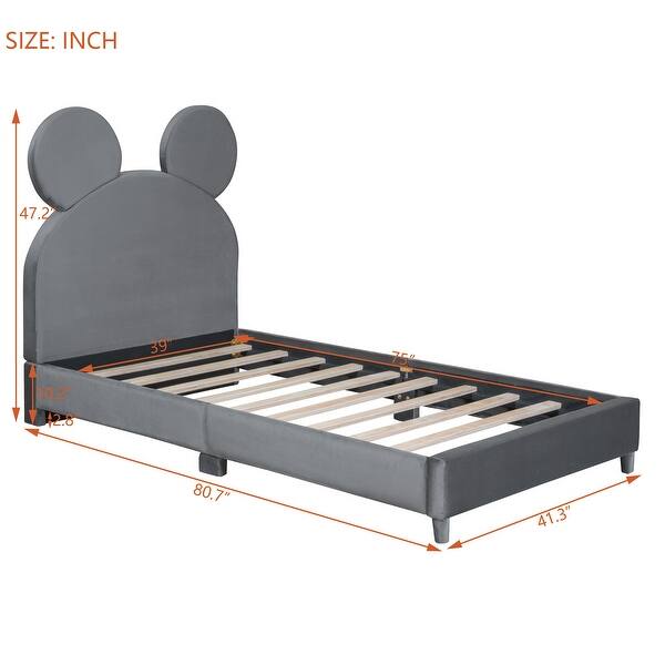 dimension image slide 0 of 3, Twin Platform Bed with Bear Ear Design - Velvet Upholstery, Durable Wood Frame, Lively Colors for Kids' Bedrooms