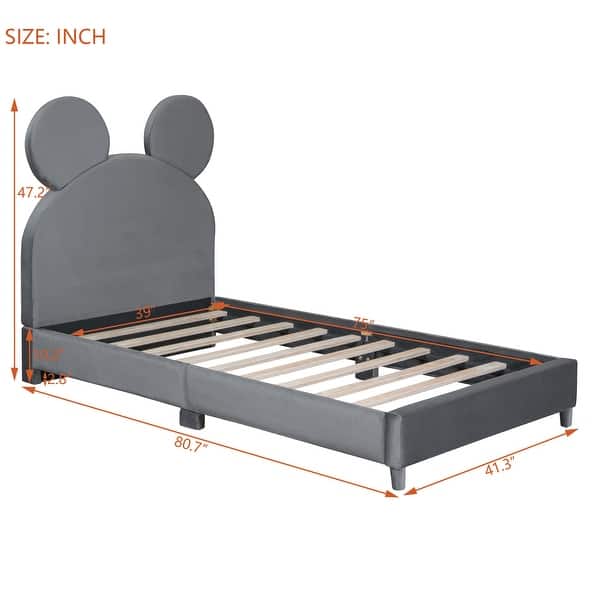 dimension image slide 0 of 3, Velvet Upholstered Bear Ear Platform Bed, Eye-catching Design