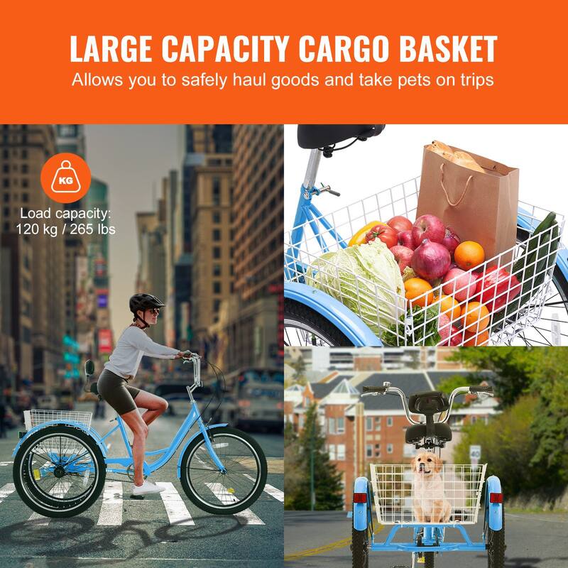 Blue Carbon Steel Adult Tricycle with Large Basket and Adjustable Height - 68.5” L x 29.9” W x 44.9” H