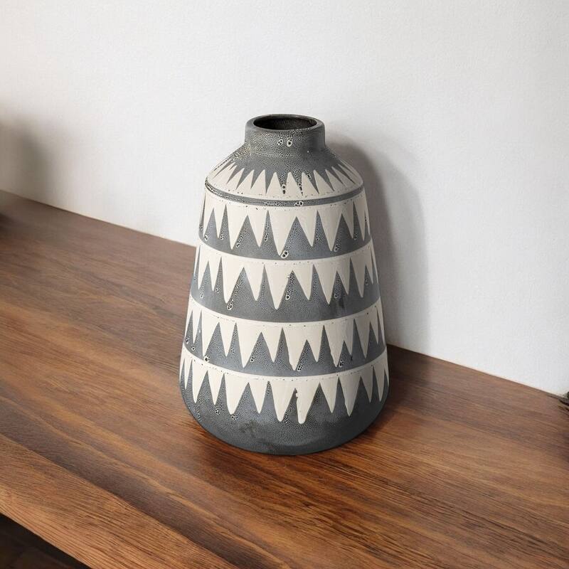 Gray and Ivory Triangle Pattern Ceramic Vase - 7" W x 10" H x 7" D