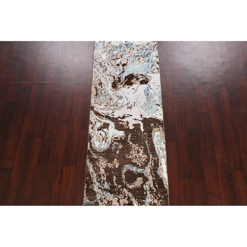 Wool/ Silk Vegetable Dye Modern Oriental Abstract Runner Rug Handmade - 2'7" x 9'11"